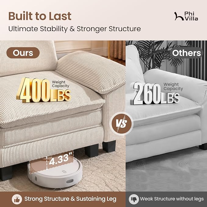 PHI VILLA Cloud Modular Couch Sets with Swivel Accent Chair, 123.6" Sectional Sofa with L-Shaped Chaise, 4-Seater Upholstered Couches with Movable Ottoman for Living Room, Corduroy Fabric, Beige