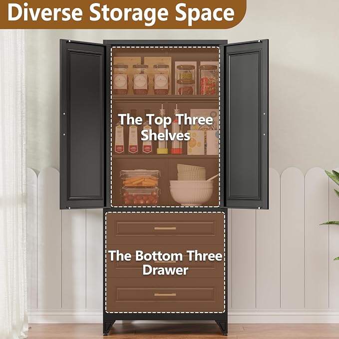 Polup Kitchen Pantry Cabinet, 75" Tall Pantry Cabinet with Three Drawers, Metal Storage Cabinets with Doors and Shelves, Freestanding Food Cupboard for Dining, Living Room, Black, Assembly Required