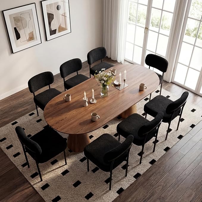 Black Boucle Dining Chairs Set of 8 | 4.3" Thicken Cushion, Kitchen Dining Room, Curved Backrest, Comfortable Upholstered, Mid Century Modern