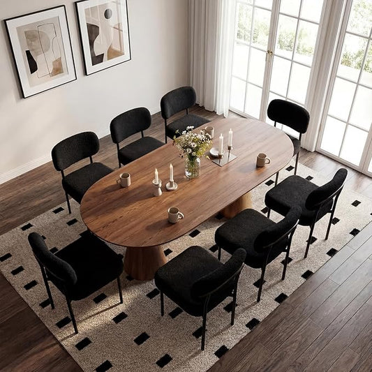 Black Boucle Dining Chairs Set of 8 | 4.3" Thicken Cushion, Kitchen Dining Room, Curved Backrest, Comfortable Upholstered, Mid Century Modern