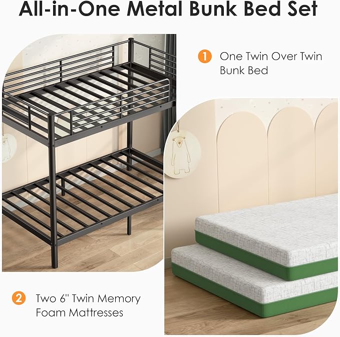 SDHYL Twin Over Twin Bunk Bed with Two Mattresses, All-in-One Metal Bunk Bed Set for Adults, Heavy Duty Sturdy Frame, 6 Inch Twin Memory Foam Mattresses Included, Idea for Dorms & Small Rooms