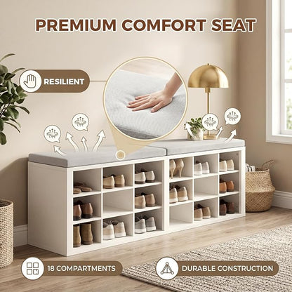 Shoe Rack Bench, Shoe Storage Bench with Cushion, Shoe Organizer 18 Cubbies for Entryway Hallway Bedroom Living Room, Holds Up to 400lbs