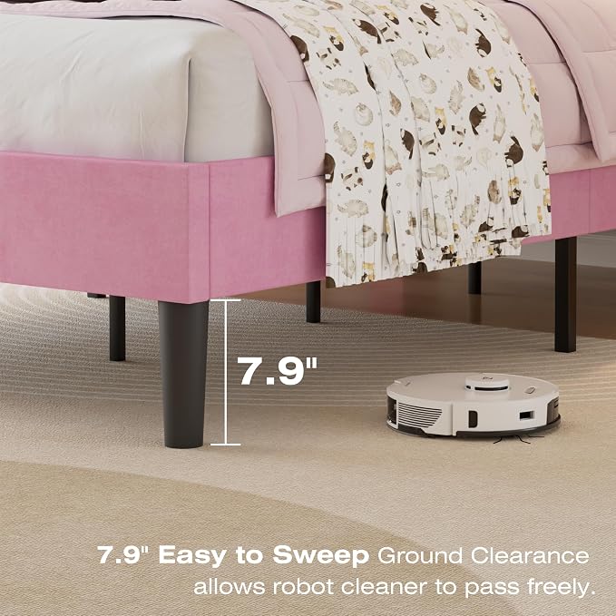 VECELO Twin Size Bed Frame with Upholstered Headboard, Heavy-Duty Bedframe with Wooden Slats & Steel Framework, Easy Assembly, Velvet & Pink