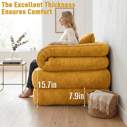 Folding Sofa Bed, Convertible Sleeper Chair with Armrests, Corduroy Foldable Boneless Bed, 3-in-1 Portable Futon Couch Floor Sofa with Pillow for Bedroom, Living Room, Orange