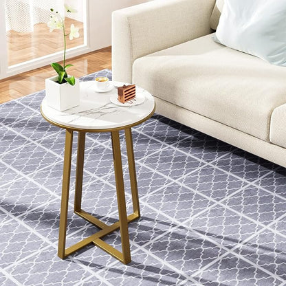 Dorriss Round End Tables, Small Side Table White Marble Texture MDF Top,Metal Frame Gold Color, Tall End Table for Bed Room,Coffee Tea End Table for Living Room (White Marble+Gold)