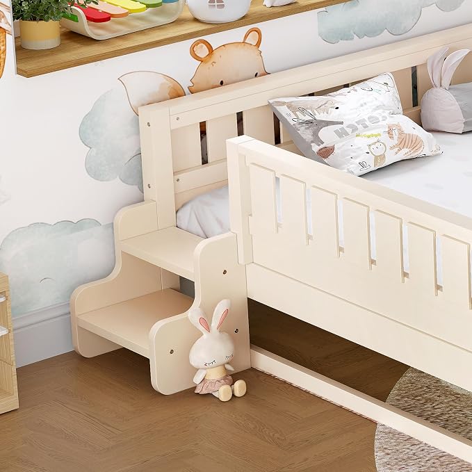 Bellemave Queen Kids Montessori Bed with Stairs, Bookshelf and Trundle, Solid Wood Kids Bed Frame with Storage for Boys Girls, Low Profile,Beige