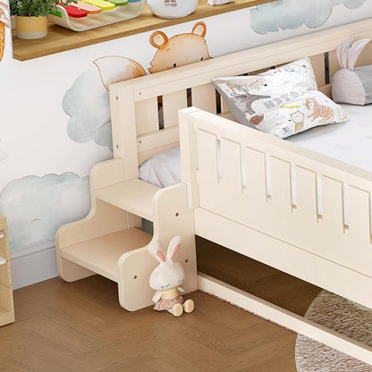 Bellemave Queen Kids Montessori Bed with Stairs, Bookshelf and Trundle, Solid Wood Kids Bed Frame with Storage for Boys Girls, Low Profile,Beige