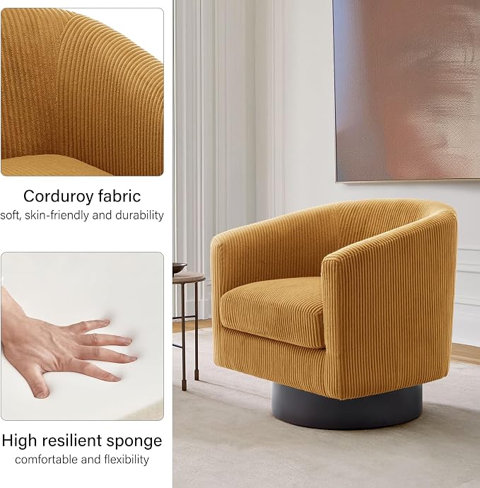 Swivel Barrel Accent Chair, Modern Round Corduroy Fabric Arm Chair for Living Room, Bedroom, Comfy Club Reading Chairs for Adults (Corduroy Orange, Set of 2)