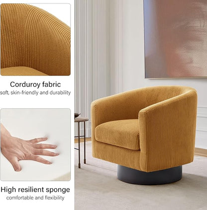 Swivel Barrel Accent Chair, Modern Round Corduroy Fabric Arm Chair for Living Room, Bedroom, Comfy Club Reading Chairs for Adults (Corduroy Orange, Set of 2)