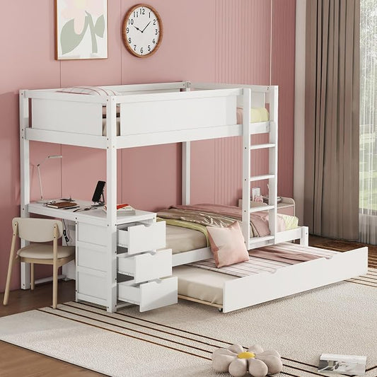 Harper & Bright Designs Twin Over Twin Bunk Bed Twin Size Trundle, Wood Twin Bunk Bed with USB Ports, Storage and Desk, White