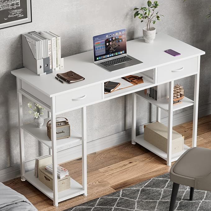 DUMOS 48" Small Computer Home Office Desk for Bedroom with Drawers, Gaming Writing Study Table with Storage Shelf, Adjustable Feet, Compact Desk for Gaming and Home Office Use, White