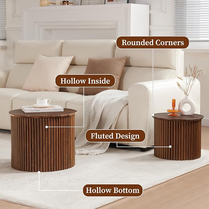 AVZEAR Round Nesting Coffee Table Set of 2, Small Fluted Coffee Table Circle Side Table, Mid Century Modern Wood Nesting Tables Farmhouse End Table Set for Living Room, Bedroom, Small Spaces(Walnut)
