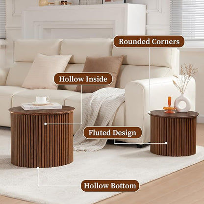 AVZEAR Round Nesting Coffee Table Set of 2, Small Fluted Coffee Table Circle Side Table, Mid Century Modern Wood Nesting Tables Farmhouse End Table Set for Living Room, Bedroom, Small Spaces(Walnut)