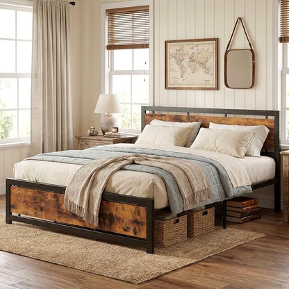 LIKIMIO King Bed Frame with Headboard and Footboard, Metal Strong Supports, Easy Assembly, Noise-Free, No Box Spring Needed, Vintage Brown