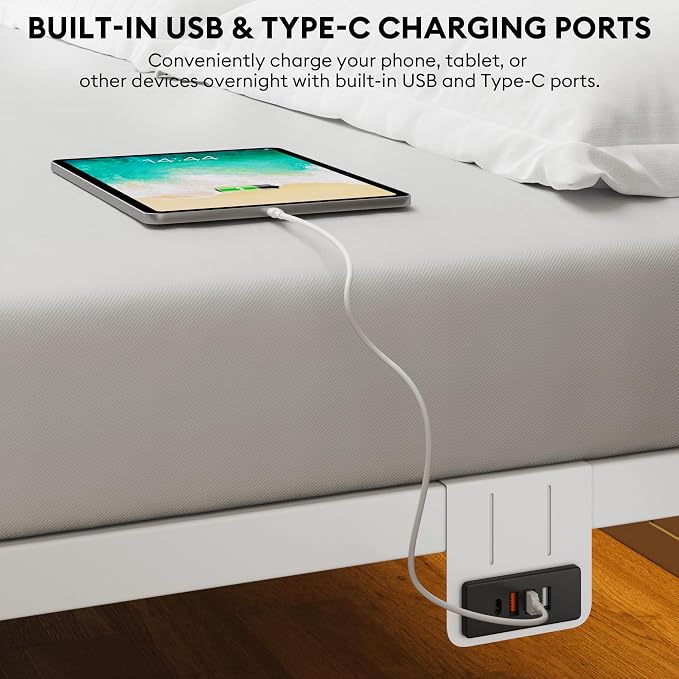Twin Size Bed Frame with Headboard - Metal Platform Bed with LED Lights, Charging Station, Under Bed Storage and Heavy Duty Steel Slats Support - No Box Spring Needed, Easy Assembly, White