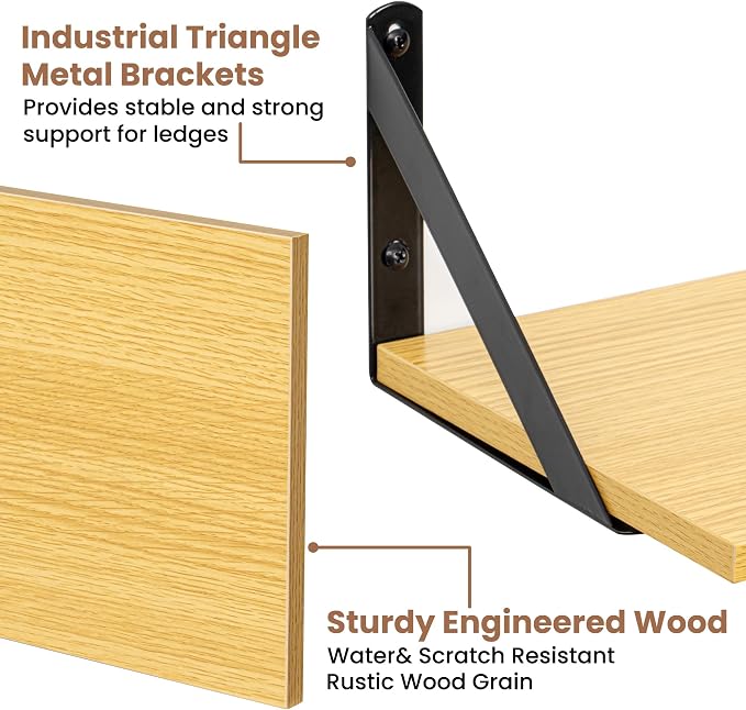 Axeman Oak Floating Shelves for Wall Set of 2, 16'' x 8'' Oak Bookshelf for Living Room Bedroom, Engineered Wood, Holds up to 30 Lbs, Installation Hardware Included