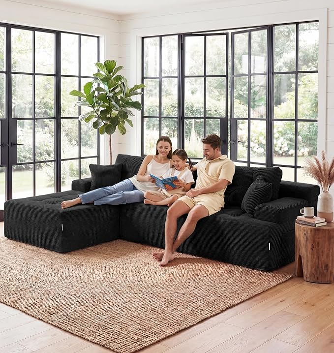 Hobestluk Modular Sectional Sofa Couches L-Shape Couch 3 Seat Modular Sofa Memory Foam Sectional Couches for Living Room, Cloud Couch with Oversized Chaise (Ebony Corduroy, 96", Left Hand Facing)