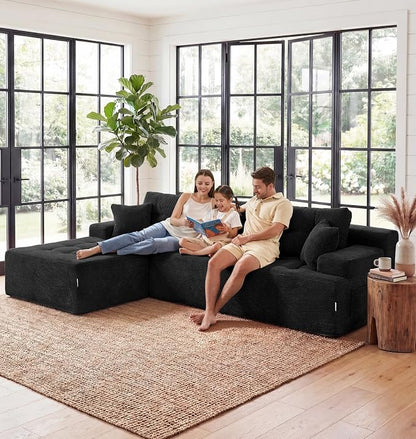 Hobestluk Modular Sectional Sofa Couches L-Shape Couch 3 Seat Modular Sofa Memory Foam Sectional Couches for Living Room, Cloud Couch with Oversized Chaise (Ebony Corduroy, 96", Left Hand Facing)