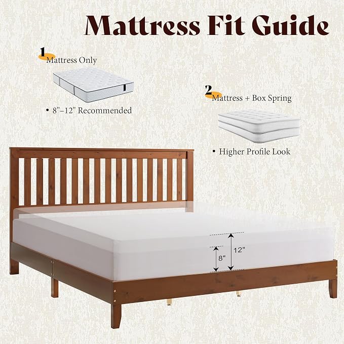 AMERLIFE Full Bed Frame, Solid Wood Platform Bed with Vertical Slats Headboard, Wooden Bedframe Full-Size, Sturdy Wooden Slats Support, No Box Spring Needed, Noise Free, Walnut