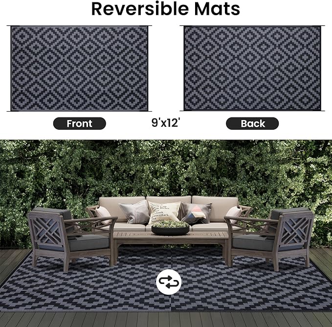 Smiry Waterproof Outdoor Rug 9x12 ft, Reversible Plastic Straw Patio Camping Rugs, Outdoor Indoor RV Mat Carpet for Patio, Outside Entry, Backyard, Deck, Bench, Picnic, Camper, Black & Grey
