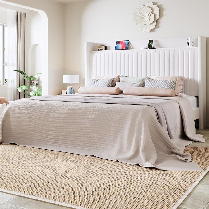 Allewie Queen Size Platform Bed Frame with USB Charging Station and Storage Shelf/Upholstered Velvet Wingback Headboard/Wooden Slats Support/No Box Spring Needed/Easy Assembly, White