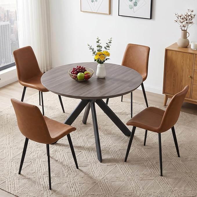 HIPIHOM 43.2"-59.1" Round Extendable Dining Table Set for 4 Metal Legs | Mid century modern oak finish, thickened MDF tabletop, scratch resistant, space saver, for 4-6 people