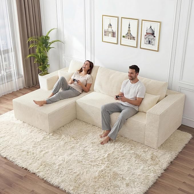 92.5" Modular Sectional Sofa, L-Shaped Cloud Couch with Deep Seat & Chaise, Premium Corduroy Boneless Couches for Living Room/Bedroom/Small Space,No Need Assembly,Beige(Left Facing Chaise)