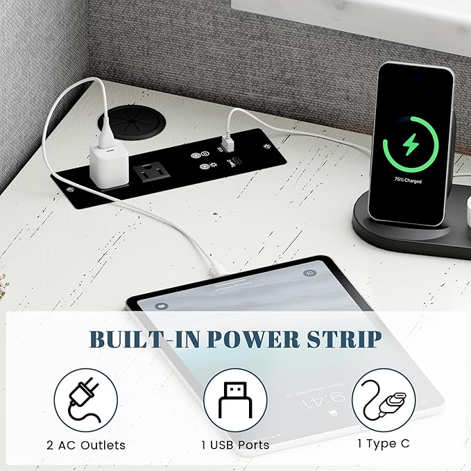Corner Desk with Charging Station and LED Lights, White | Triangle gaming computer desk for home office, Features space saving storage shelves, CPU stand, and smart LED light