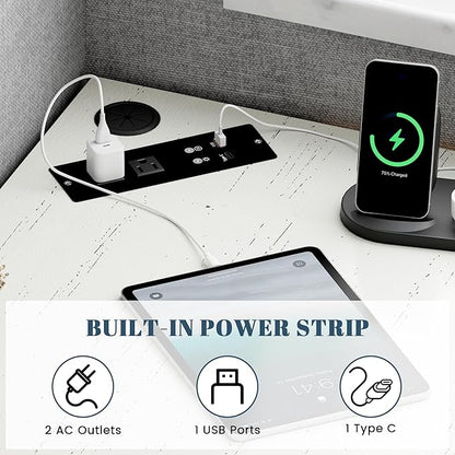 Corner Desk with Charging Station and LED Lights, White | Triangle gaming computer desk for home office, Features space saving storage shelves, CPU stand, and smart LED light