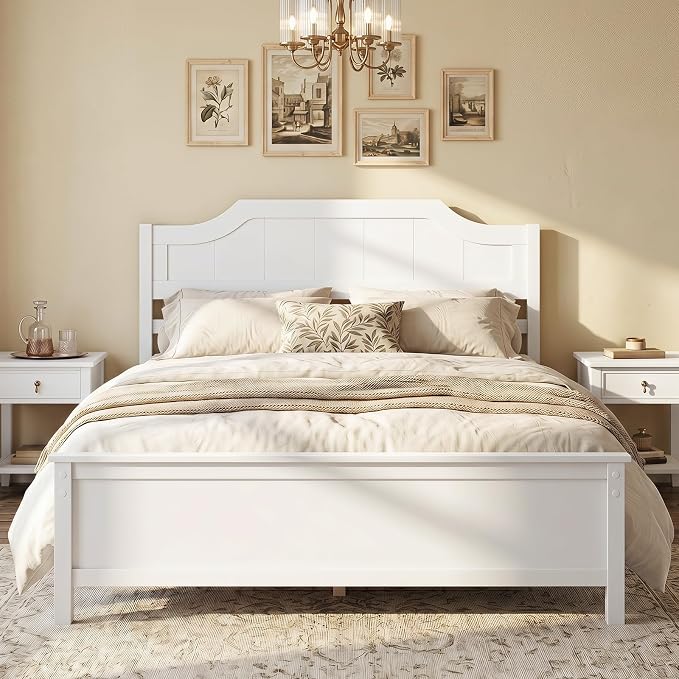 Giantex Full Size Wooden Bed Frame with Headboard, Wood Slat Support | Farmhouse Platform Bed with Heavy Duty Mattress Foundation, Under-Bed Storage, No Box Spring Needed, Easy Assembly (White)