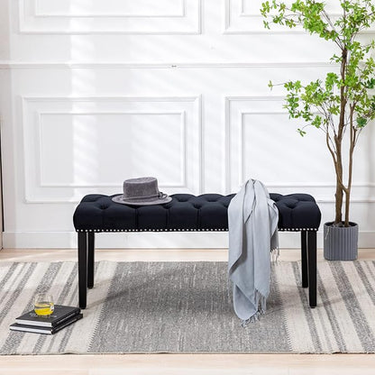 KCC Button-Tufted Ottoman Bench, Upholstered Bedroom Benches Velvet Footrest Stool Accent Bench for Entryway Dining Room Living Room Bedroom End of Bed, Black