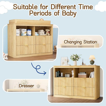St.Mandyu Changing Dresser, 4 Large Drawers Wood Baby Nursery Dresser with Raised and Detachable Changing Table Top, Fluted Chest with Gold Handles, Large Storage Organizer for Nursery Room,Natural