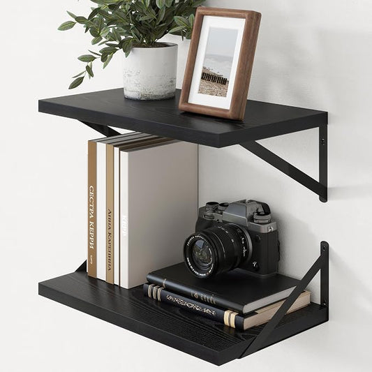 Axeman Deep Floating Shelves - 20 Inch Black Floating Shelves Set of 2-12 Inch Deep Wood Wall Shelves for Living Room Bathroom Kitchen