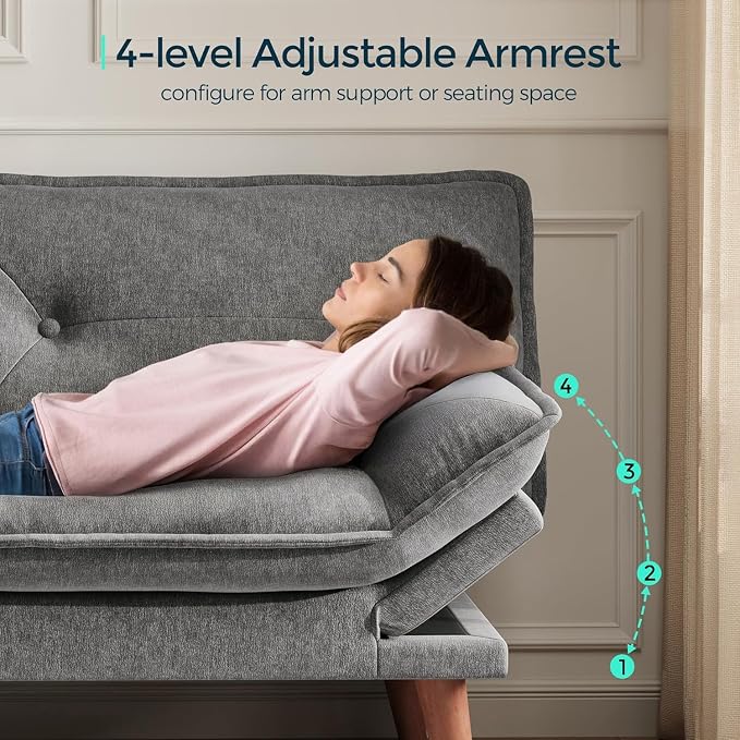 LINSY HOME Futon Sofa Bed, 70" Chenille Futon Couch with Adjustable Backrest Armrest, 3 in 1 Convertible Comfy Loveseat Sleeper Sofa Bed for Small Spaces Dorm Room Apartment Home Office(Dark Grey)