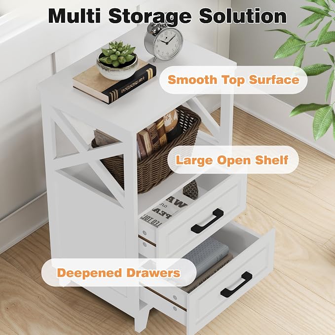 May in Color Nightstand, 30" Tall Bedside Table, Farmhouse Side Table with Storage Drawers and Open Shelf, Wooden Rustic End Table Cabinet for Bedroom, Home Office, White