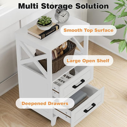 May in Color White Nightstand Set of 2, Tall Side Table, Farmhouse End Table with 2 Large Storage Drawers Cabinet, Wooden Rustic Bedside End Table for Bedroom, Home Office, White