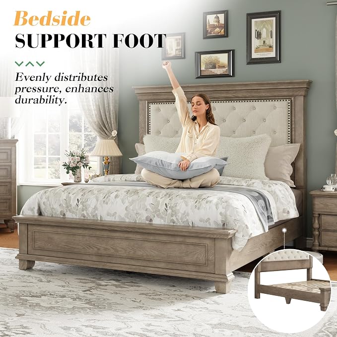 LUXOAK Solid Pine Wood Queen Bed Frame with 69" High Upholstered Headboard, Transitional Style Platform Bed, No Box Spring Needed & Easy Assembly, Button-Tufted Chenille Fabric, Antique Taupe