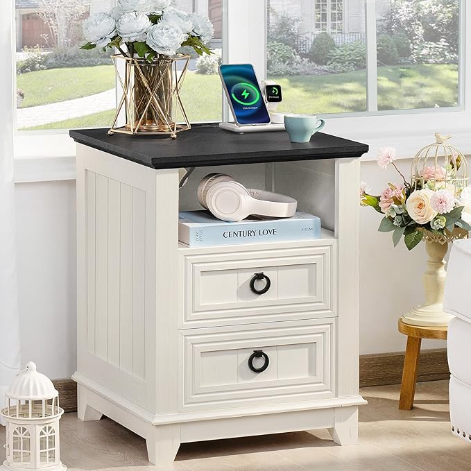 Joaxswe 18" Farmhouse Night Stand with Charging Station, 2 Drawers End Table Dresser for Bedroom, White Wooden Nightstand, Bed Side Table with Open Shelf, Bedside Cabinet for Living Room, Closet