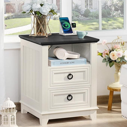 Joaxswe 18" Farmhouse Night Stand with Charging Station, 2 Drawers End Table Dresser for Bedroom, White Wooden Nightstand, Bed Side Table with Open Shelf, Bedside Cabinet for Living Room, Closet