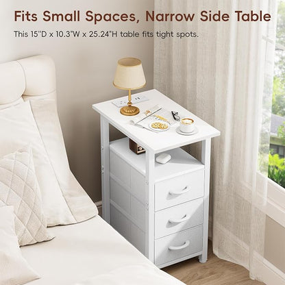 Vagusicc Set of 2 White Night Stand with Charging Station, Narrow Nightstand with U-S-B Ports and Outlets, Small Night Stand 3 Fabric Storage Drawers, Small Bedside Table