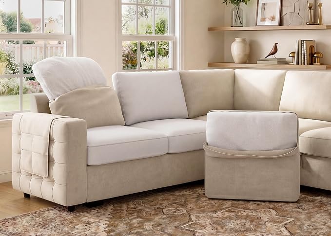 HONBAY Sectional Sleeper Sofa with Pull-Out Bed Storage Chaise, 6 Seaters Couch for Living Room, Beige