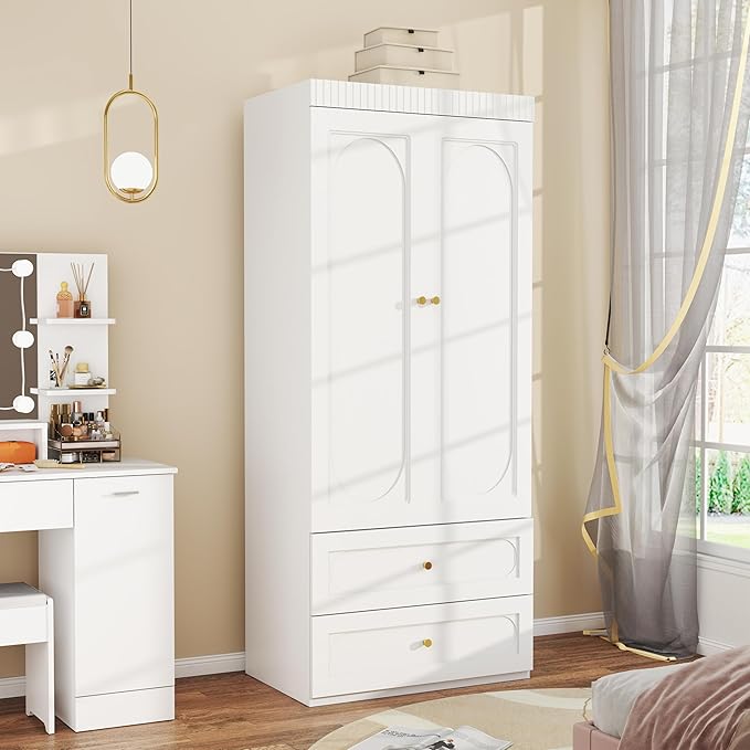 Wooden Wardrobe Closet with Doors: 75" Tall White Armoire Wardrobe Closet with 2 Drawers and 2 Doors, Modern Clothes Cabinets for Bedroom Armoires with Hanging Rod (2-Drawers, 31.5")