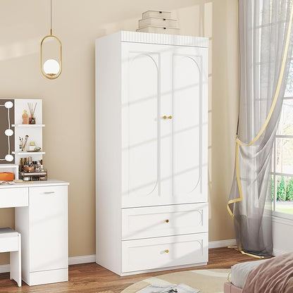 Wooden Wardrobe Closet with Doors: 75" Tall White Armoire Wardrobe Closet with 2 Drawers and 2 Doors, Modern Clothes Cabinets for Bedroom Armoires with Hanging Rod (2-Drawers, 31.5")