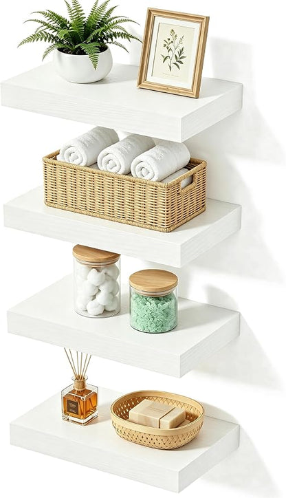Floating Shelves for Wall, Set of 4 Wooden Wall Mounted Shelves for Bathroom Over Toilet, Bedroom, Kitchen, Living Room & Office, Modern Hanging Storage and Wall Decor, White, 12"x7"x1.5"
