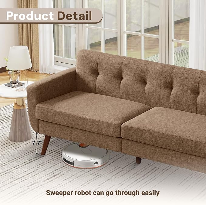 Tbfit 77.2" W Linen Sofa Couch, Mid Century Modern Decor Loveseat Couches for Living Room, Button Tufted Upholstered Small Couch for Bedroom, Solid, and Easy to Install Love Seats Furniture, Brown