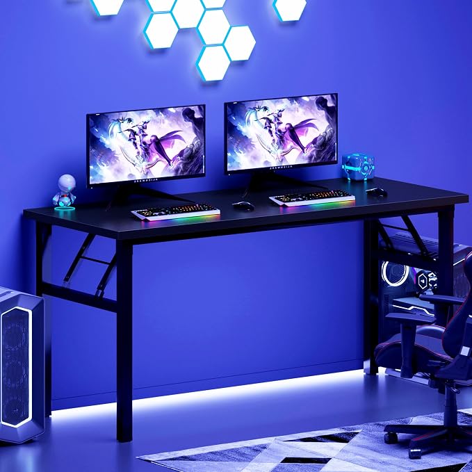 DlandHome Large Computer Desk, Folding Desk, Decent and Steady Home Office Desk/Workstation/Table 54.3inch Black Black