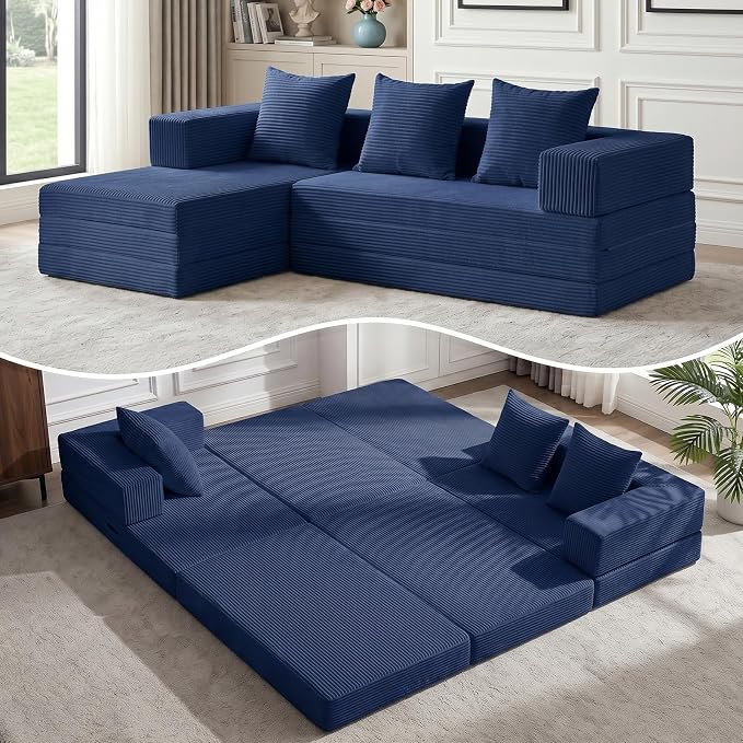 79" Modular Sectional Sofa, Boneless Convertible Sleeper Sofa Bed, Modern Tri-Folding Cloud Couch with L-Shape Chaise, Corduroy Futon for Living Room Small Spaces Apartment, No Assembly,Blue