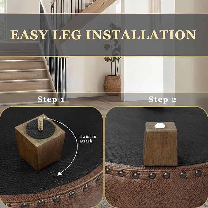 HomePop 18.5" Round Storage Ottoman with Nailheads - Brown Faux Leather