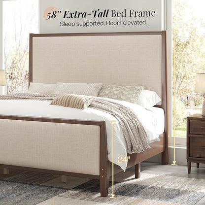 Jocisland 58" Tall Solid Wood Queen Bed Frame with Upholstered Headboard & Footboard, Wooden Platform Bedframe, No Box Spring Needed, Easy Assembly, Modern Farmhouse Style, Dark Walnut