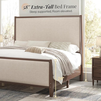 Jocisland 58" Tall Solid Wood California King Size Bed Frame with Upholstered Headboard & Footboard, Wooden Platform Bedframe, No Box Spring Needed, Easy Assembly, Modern Farmhouse Style, Dark Walnut